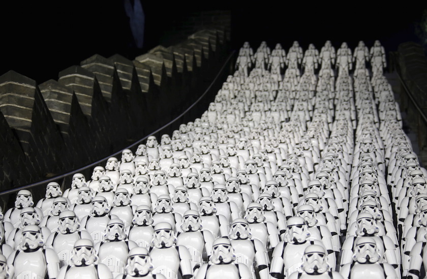 Five hundred replicas of Stormtrooper characters from "Star Wars" are placed on the steps at the Juyongguan section of the Great Wall of China on the outskirts of Beijing